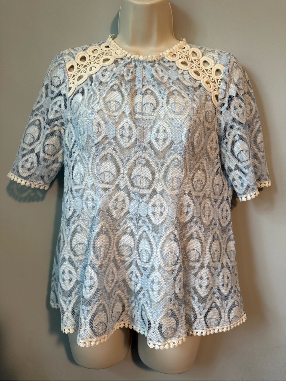 HD in Paris Light Blue Lace Overlay Short Sleeve Blouse with Cream Trim